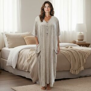 Dwell & Slumber Caftan‎ Dress Womens M/L Tan Geometric Henley Pockets Loungewear